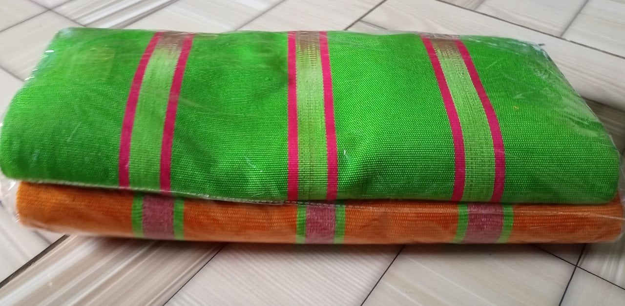 Ghanaian traditional cloth - Orange with green stripes, and green with wine tripes combination with design Ghanaian traditional cloth - Image 1