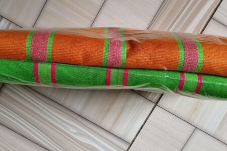 Ghanaian traditional cloth - Orange with green stripes, and green with wine tripes combination with design Ghanaian traditional cloth - Image 2