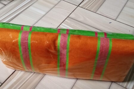 Ghanaian traditional cloth - Orange with green stripes, and green with wine tripes combination with design Ghanaian traditional cloth - Image 3