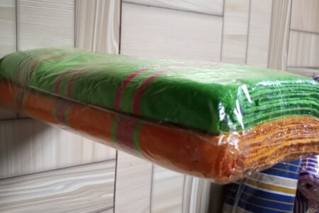 Ghanaian traditional cloth - Orange with green stripes, and green with wine tripes combination with design Ghanaian traditional cloth - Image 4