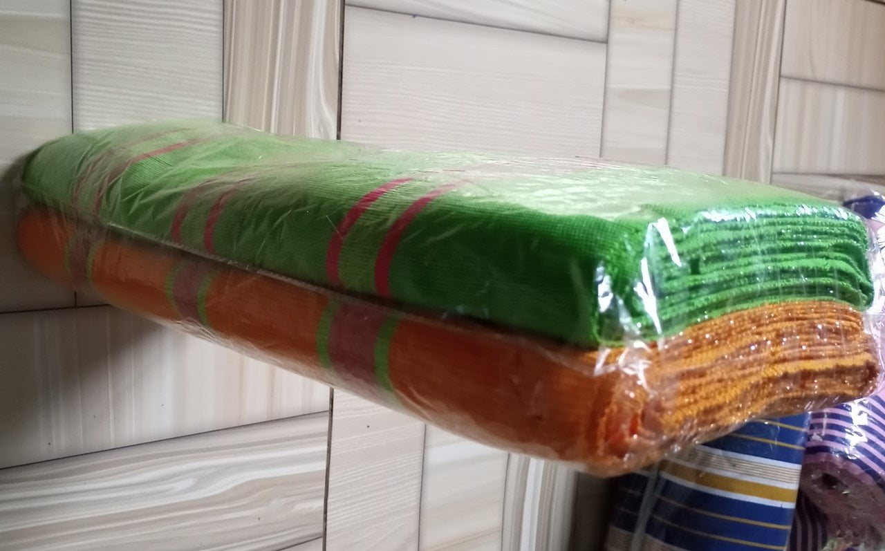Ghanaian traditional cloth - Orange with green stripes, and green with wine tripes combination with design Ghanaian traditional cloth - Image 4