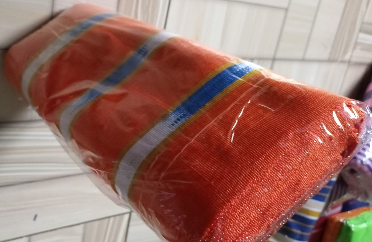 Ghanaian traditional cloth - Orange with white and peach stripes and design Ghanaian traditional cloth - Image 2