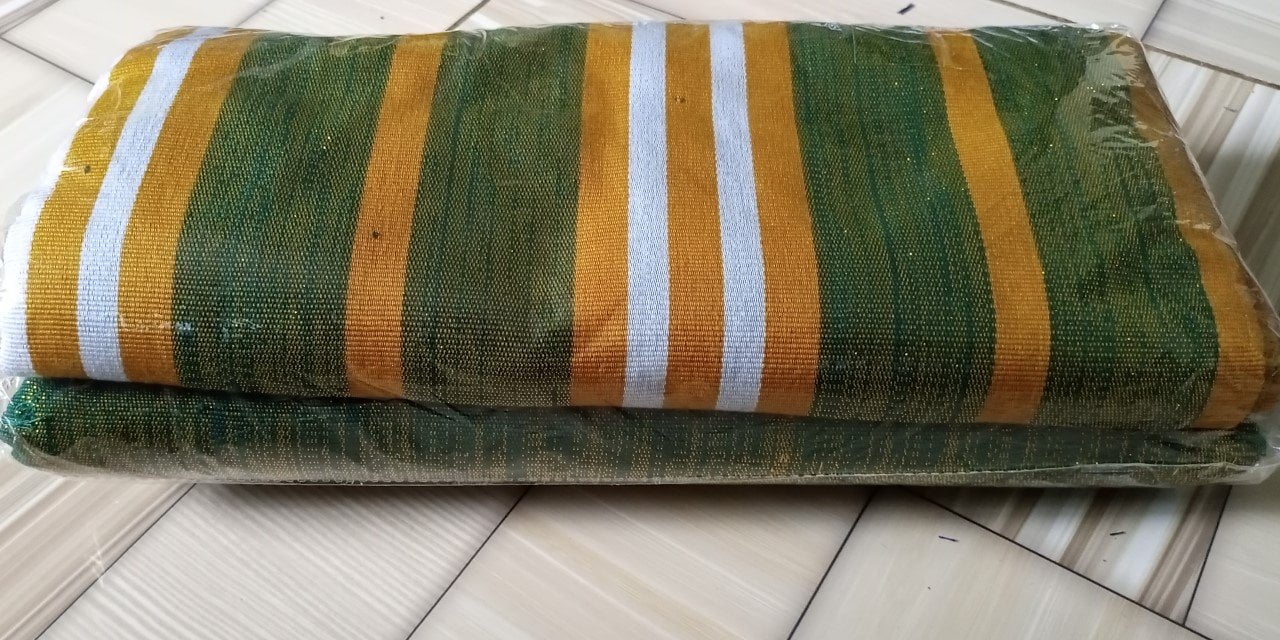 Ghanaian traditional cloth - Deep green with yellow and white stripes, and deep green with yellow shining Ghanaian traditional cloth - Image 1
