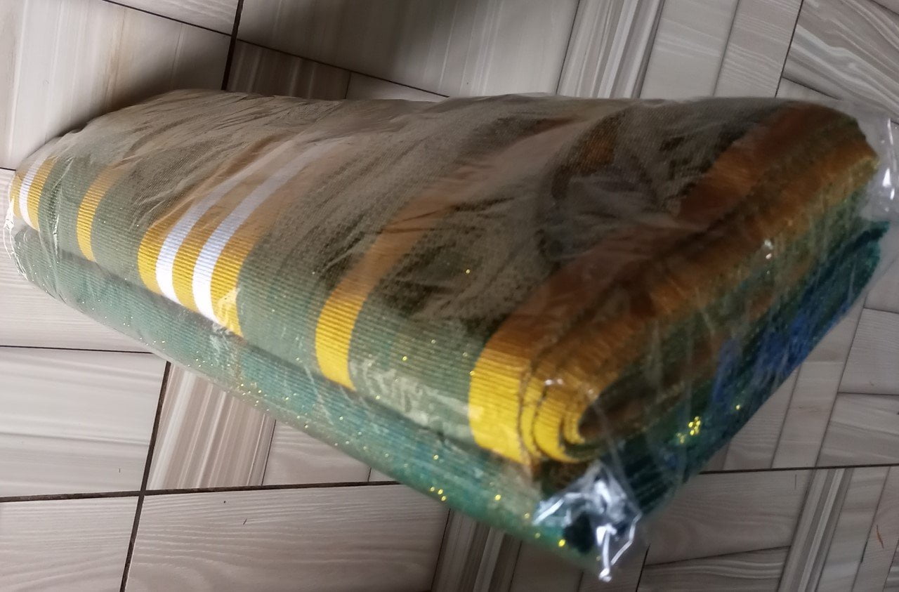 Ghanaian traditional cloth - Deep green with yellow and white stripes, and deep green with yellow shining Ghanaian traditional cloth - Image 3