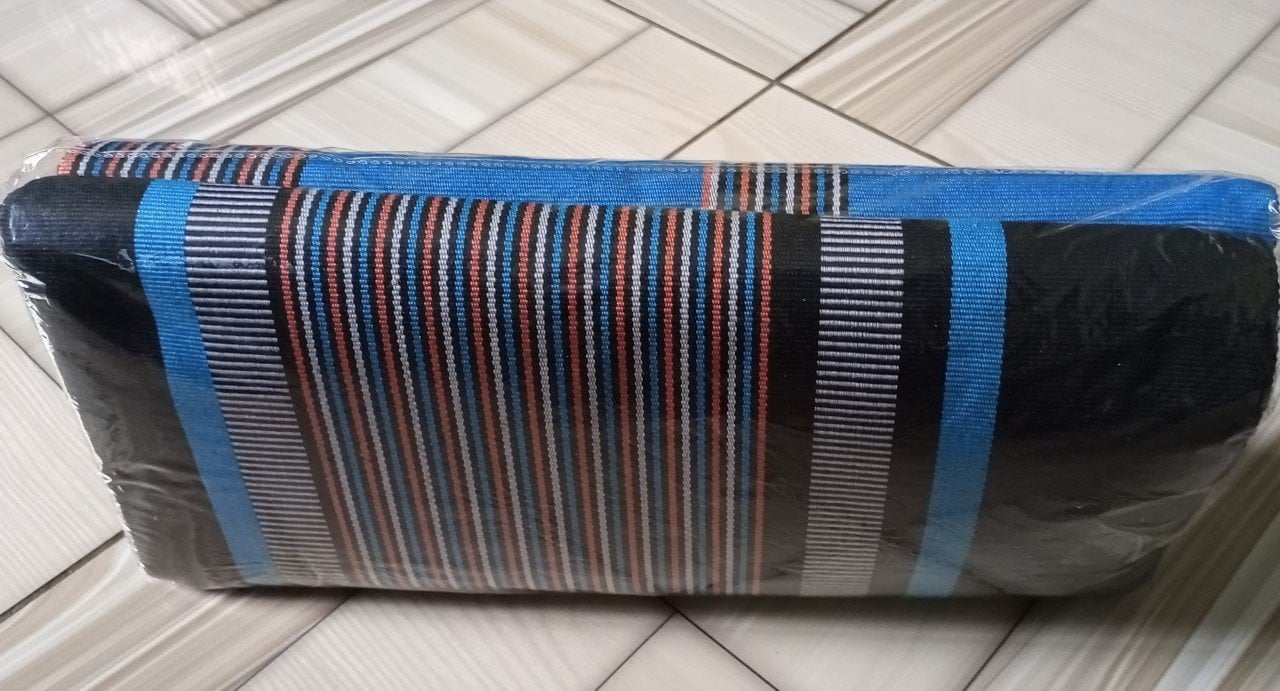 Ghanaian traditional cloth - Black with sea blue peach white  stripes, and sea blue with black peach white stripes Ghanaian traditional cloth - Image 5