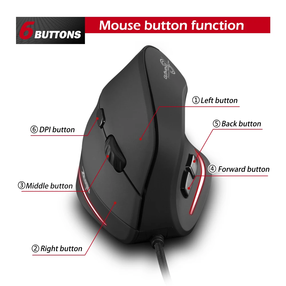 ZELOTES T-20 Mouse Wired Vertical Mouse Ergonomic Rechargeable 3200DPI Optional Portable Gaming Mouse for Mac Laptop PC Computer - Image 4