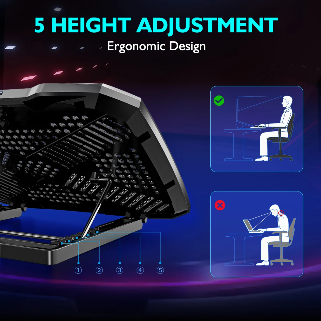 COOLCOOLD Laptop Cooling pad for 12-17 Inch Laptop Cooler Stand, 5 quiet fans, 5 Angle Adjustable with phone holder - Image 5