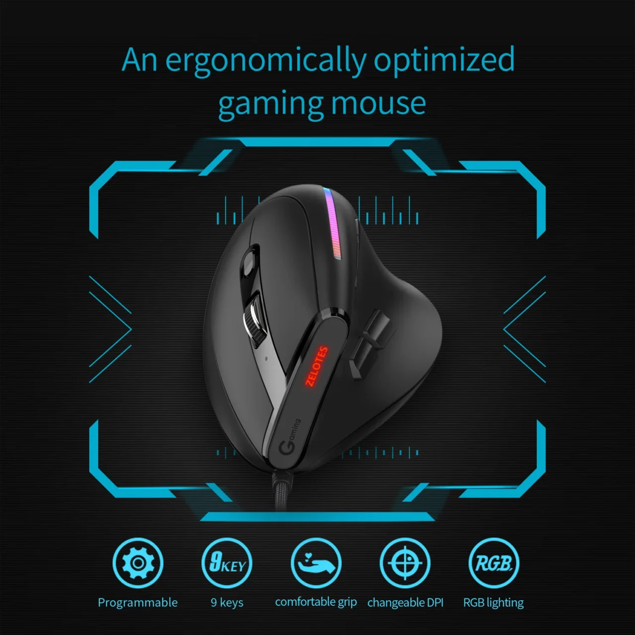 Jomaa Wired Gaming Mouse RGB Vertical Ergonomic Mice 9 Button Programmable 12800 DPI Mouse for Gamer Computer Laptop - Image 2