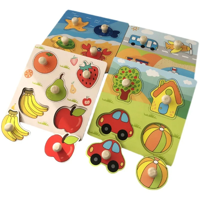 Children Hand Scratch 3D Wooden Board Baby Cartoon Montessori Early Education Farm Fruit Cognitive Puzzle Toy - Image 1